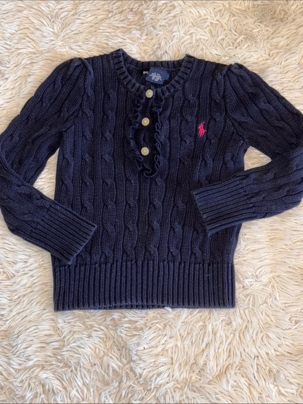🐎 Ralph Lauren Navy Cable-Knit Sweater with Pink Pony Detail 4/4T